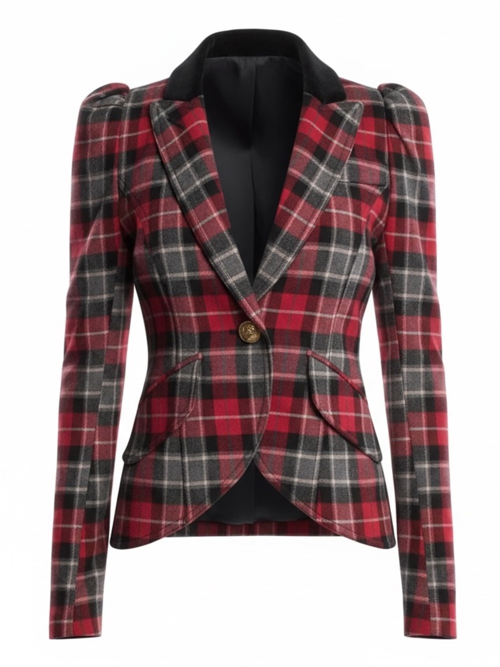 Smythe Plaid Print Blazer Red Grey Black Tartan Velvet Collar Gold Button 4